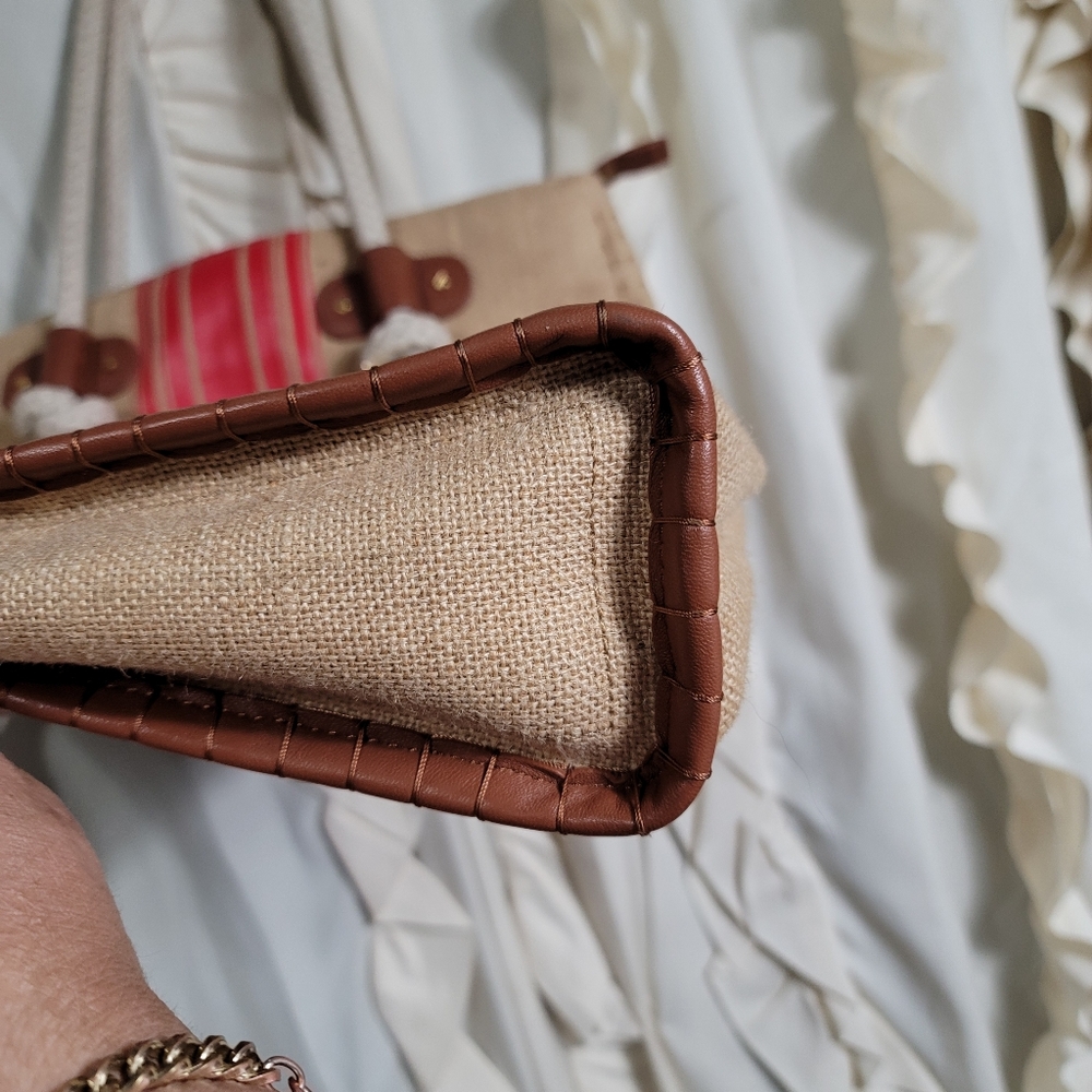 Tory Burch Stripe Shopper Natural/Red Volcano Burlap Tote *RARE* - Picture 6 of 13